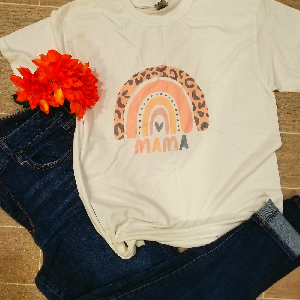 White shirt with " Leopard mama rainbow"